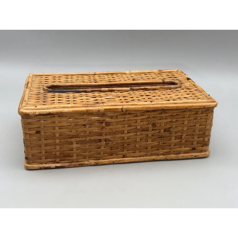 Vintage Boho Rattan Bamboo Wicker Tissue Box Cover Holder Natural Cottage Decor